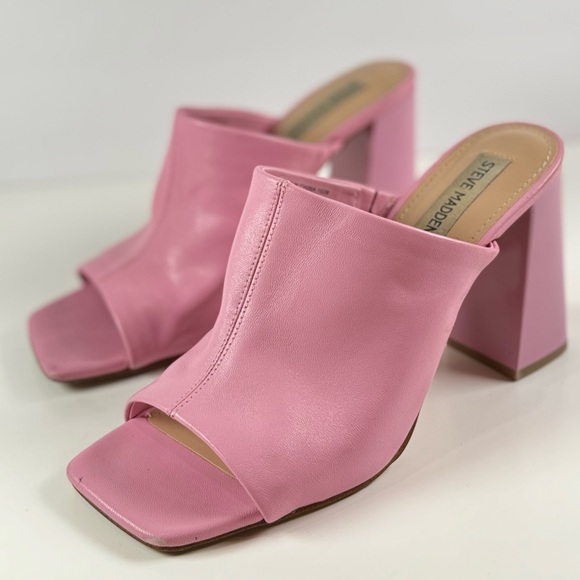 Steve Madden Lexia Leather Slip On Squared Open Toe Chunky Heeled Sandal Size 9 - Picture 3 of 7